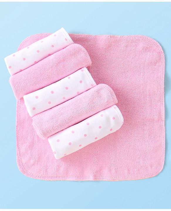 Babyhug Cotton Knit Wash cloth Polka Dot Print Pack of 6 - Pink & White