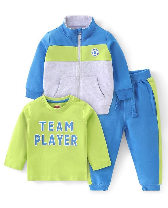 Babyhug 100% Cotton Knit Full Sleeves With T-Shirt Jacket & Lounge Pants & Text Print - Blue & Green