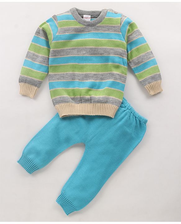 Babyhug Knit Full Sleeves Striped Sweater Set - Blue