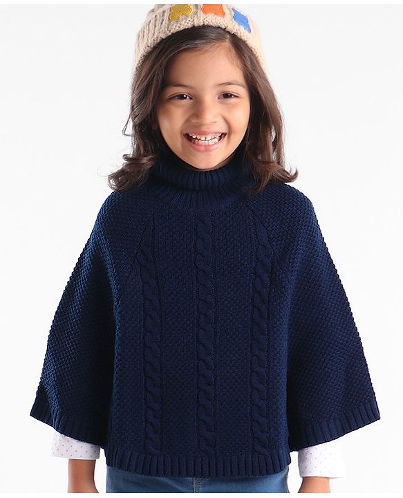 Babyhug Knitted Solid Woollen Poncho Cable Knit Design - Navy Blue