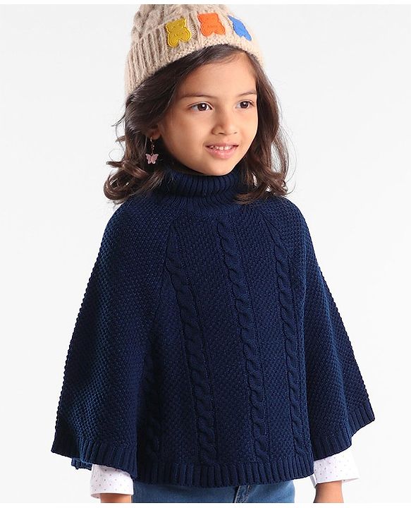 Babyhug Knitted Solid Woollen Poncho Cable Knit Design - Navy Blue