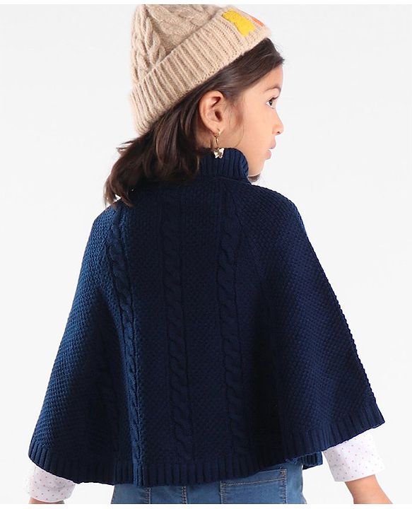 Babyhug Knitted Solid Woollen Poncho Cable Knit Design - Navy Blue
