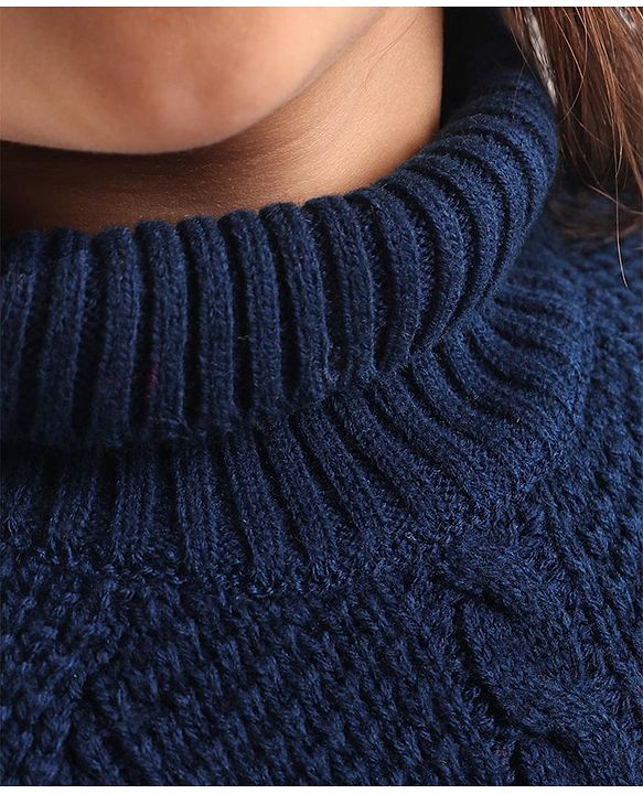 Babyhug Knitted Solid Woollen Poncho Cable Knit Design - Navy Blue
