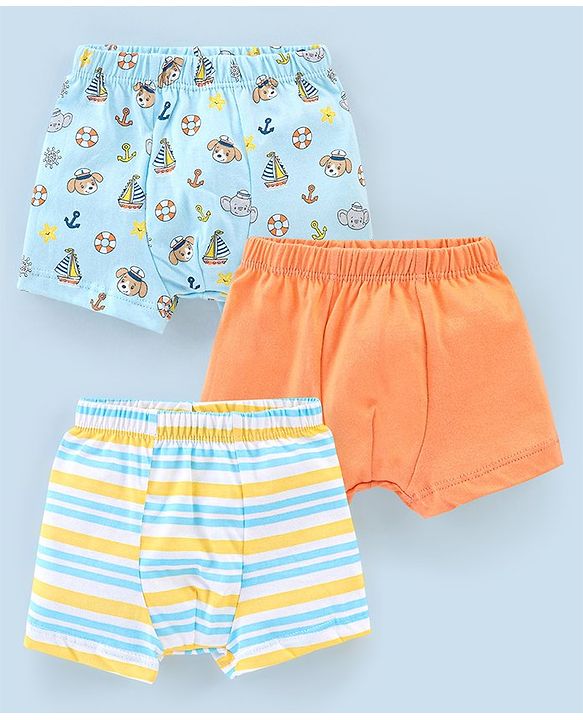 Babyhug 100% Cotton Knit Briefs Stripes & Elephant Print Pack of 3 - Orange & Blue