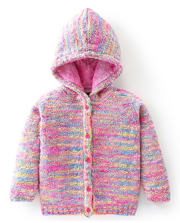 Babyhug Knitted Full Sleeves Front Open Hooded Sweater - Pink & Blue