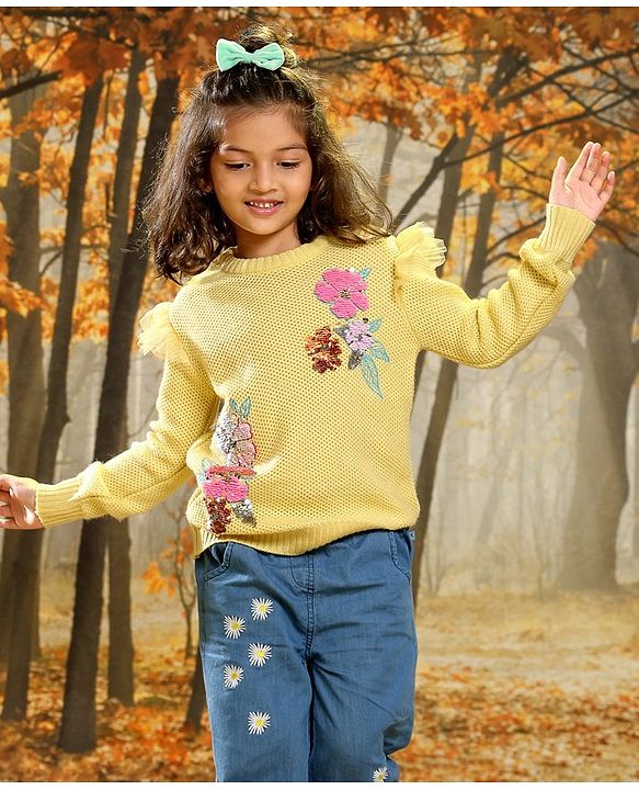 Babyhug Knit Fulkl Sleeves Sequins Embroidered Pullover - Yellow