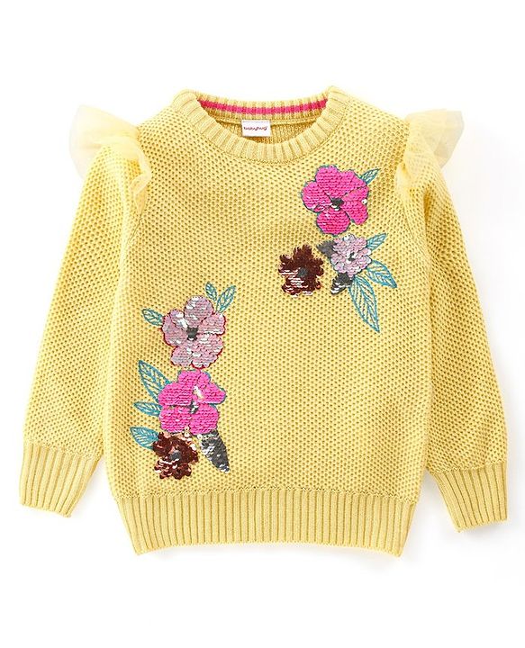 Babyhug Knit Fulkl Sleeves Sequins Embroidered Pullover - Yellow