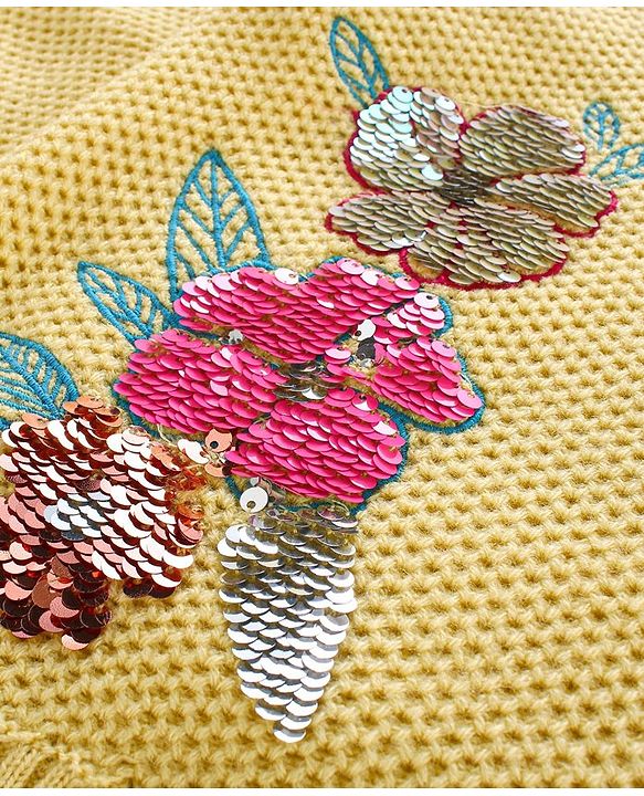 Babyhug Knit Fulkl Sleeves Sequins Embroidered Pullover - Yellow
