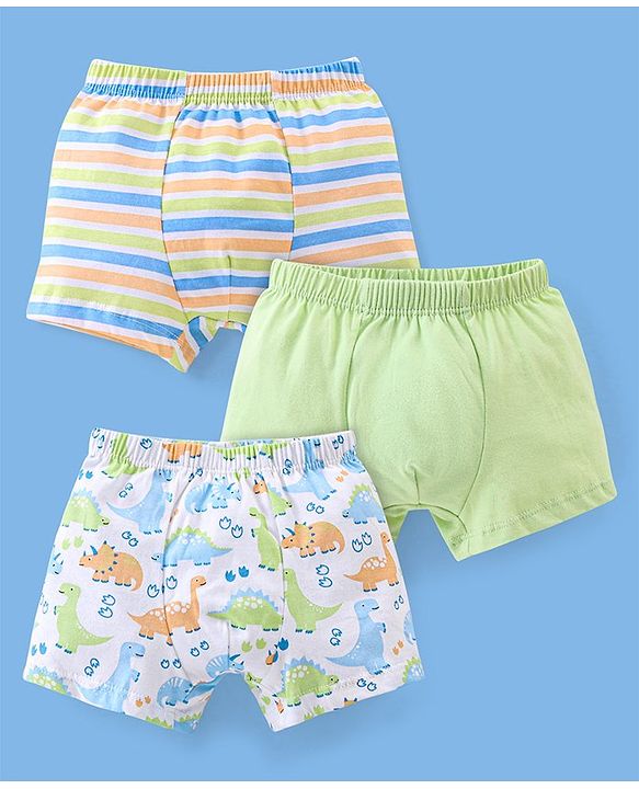 Babyhug 100% Cotton Knit Briefs Stripes & Dino Print Pack of 3 - Green & White