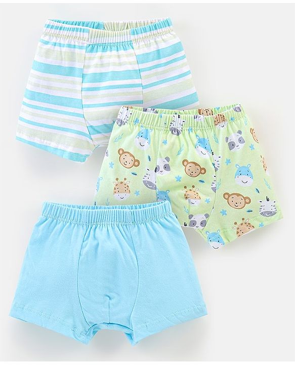 Babyhug 100% Cotton Knit Briefs Stripes & Jungle Print Pack of 3 - Green & Blue