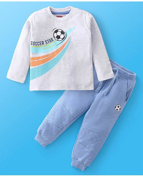 Babyhug Single Jersey Full Sleeves T-Shirt and Lounge Pant Soccer Print - White & Blue