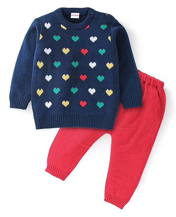 Babyhug Full Sleeves Sweater and Pant Set Heart Design - Navy Blue