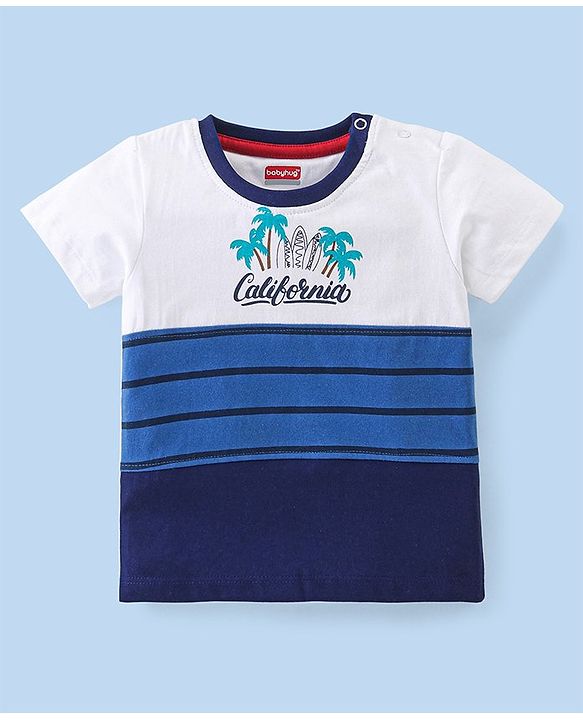 Babyhug Cotton Half Sleeves T-Shirt Striped- White & Navy Blue
