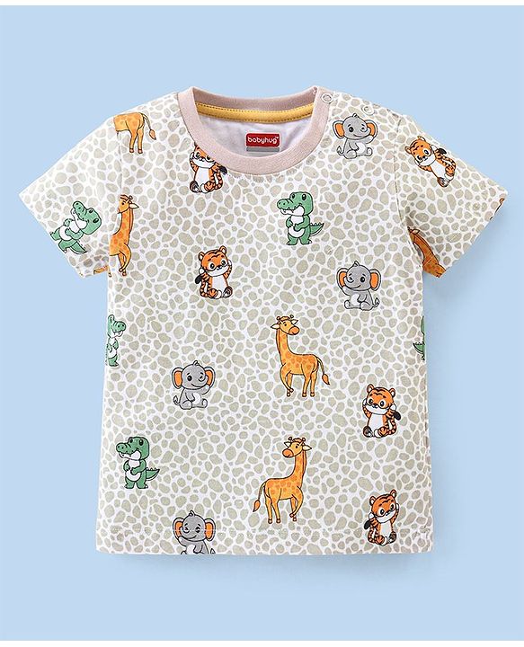 Babyhug Cotton Half Sleeves T-Shirt Tiger & Giraffe Print- White & Peach