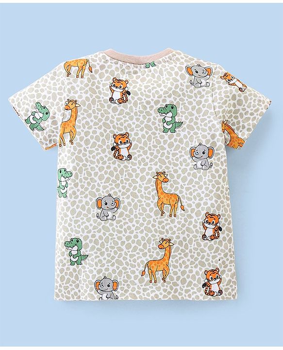Babyhug Cotton Half Sleeves T-Shirt Tiger & Giraffe Print- White & Peach