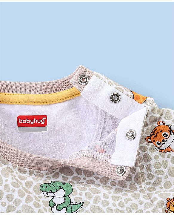Babyhug Cotton Half Sleeves T-Shirt Tiger & Giraffe Print- White & Peach