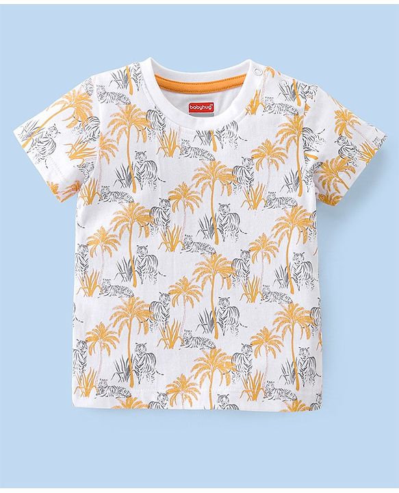 Babyhug Cotton Half Sleeves T-Shirt Tiger Print- White
