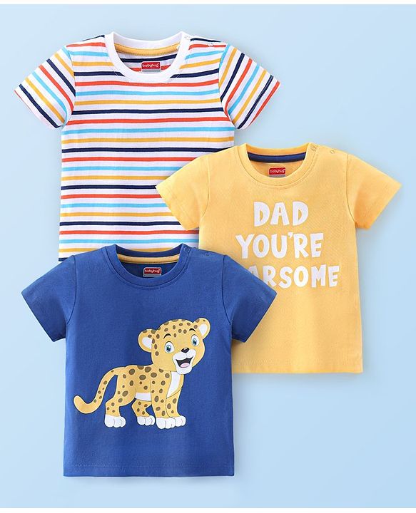Babyhug Cotton Half Sleeves T-Shirt With Striped & Leopard Print Pack Of 3 - Blue Yellow & White