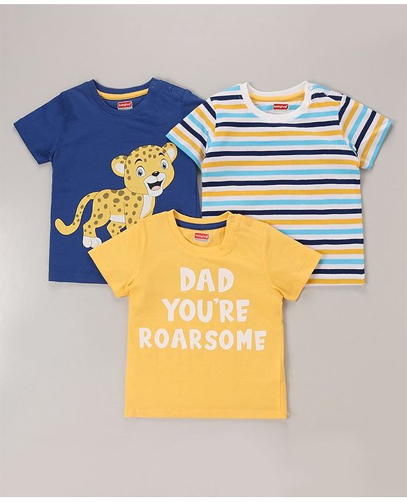 Babyhug Cotton Half Sleeves T-Shirt With Striped & Leopard Print Pack Of 3 - Blue Yellow & White