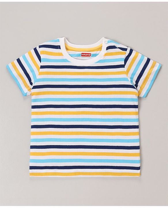 Babyhug Cotton Half Sleeves T-Shirt With Striped & Leopard Print Pack Of 3 - Blue Yellow & White