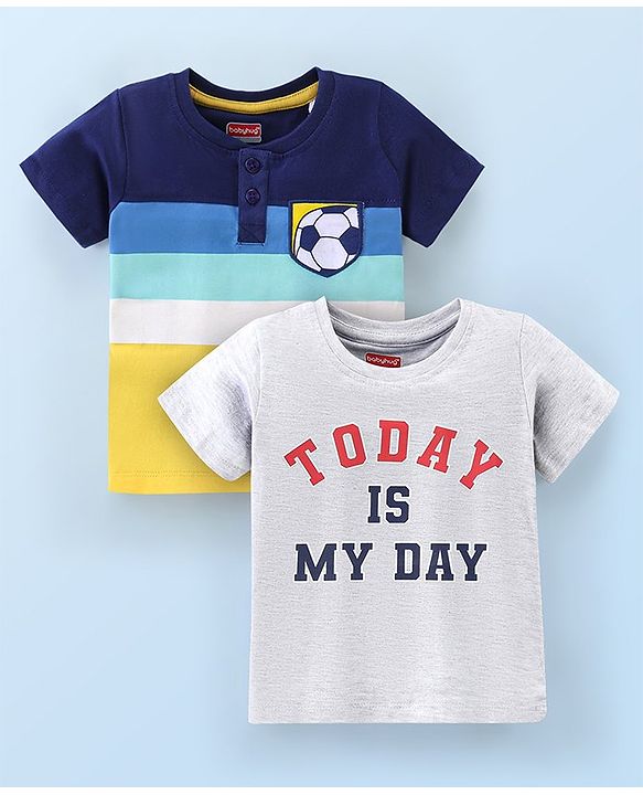 Babyhug Cotton Knit Half Sleeves Soccer & Text Printed T-Shirt - Grey & Blue