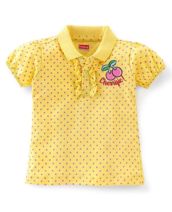 Babyhug Cotton Half Sleeves Polo Tee with Cherry Print & Frill Detailing - Yellow