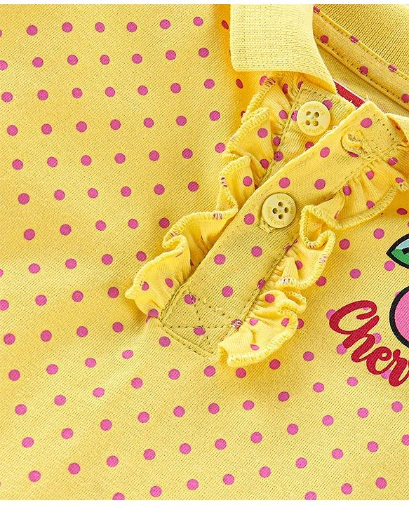 Babyhug Cotton Half Sleeves Polo Tee with Cherry Print & Frill Detailing - Yellow