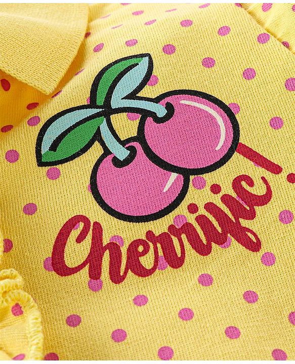 Babyhug Cotton Half Sleeves Polo Tee with Cherry Print & Frill Detailing - Yellow