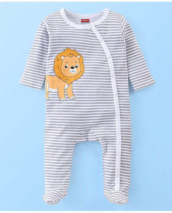 Babyhug Cotton Full Sleeves Sleep Suit Lion & Stripes Print- Lavender & White