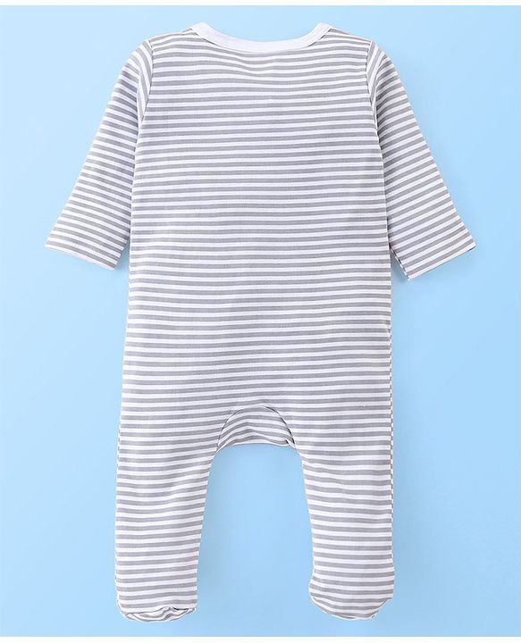 Babyhug Cotton Full Sleeves Sleep Suit Lion & Stripes Print- Lavender & White