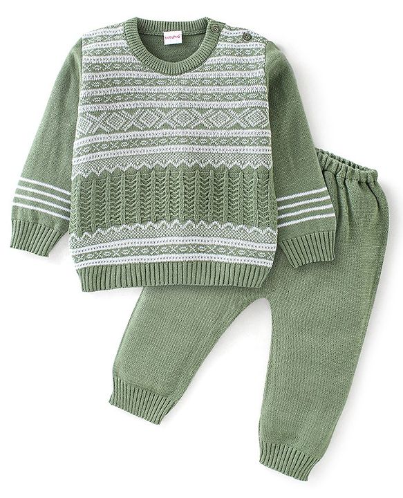 Babyhug Knitted Full Sleeves Baby Sweater Set Cable Knit Design - Green