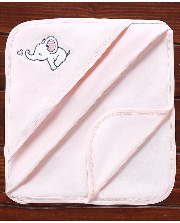 Babyhug Cotton Knit Elephant Embroidered  Hooded Wrapper- Peach