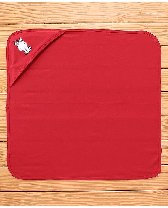 Babyhug Unicorn Embroidered Cotton Knit Hooded Wrapper- Red
