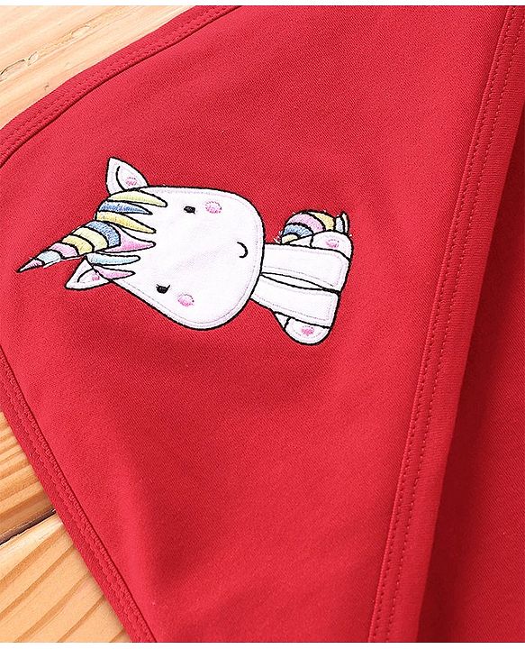 Babyhug Unicorn Embroidered Cotton Knit Hooded Wrapper- Red
