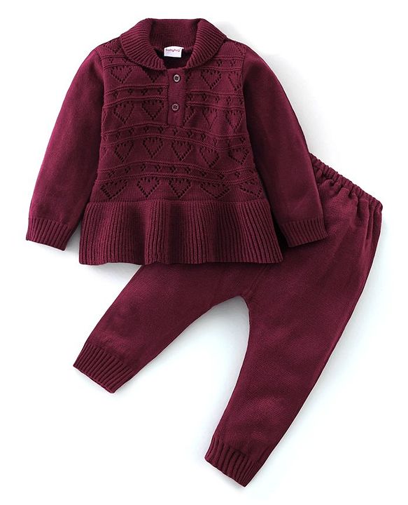 Babyhug Knit Full Sleeves Sweater Heart Design Set - Purple