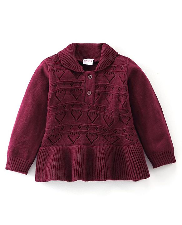 Babyhug Knit Full Sleeves Sweater Heart Design Set - Purple