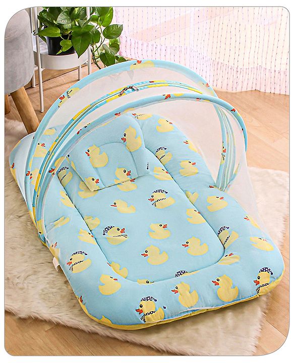 Babyhug Cotton Bedding Set with Mosquito Net Duck Print- Blue