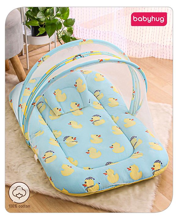 Babyhug Cotton Bedding Set with Mosquito Net Duck Print- Blue