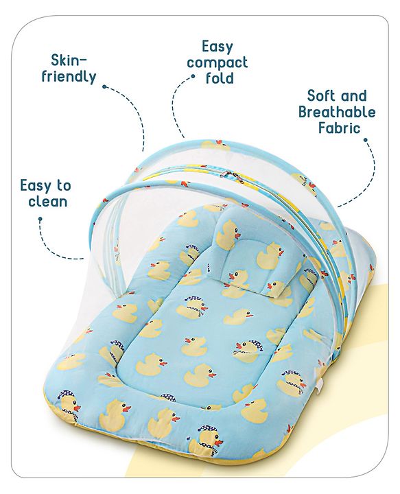 Babyhug Cotton Bedding Set with Mosquito Net Duck Print- Blue