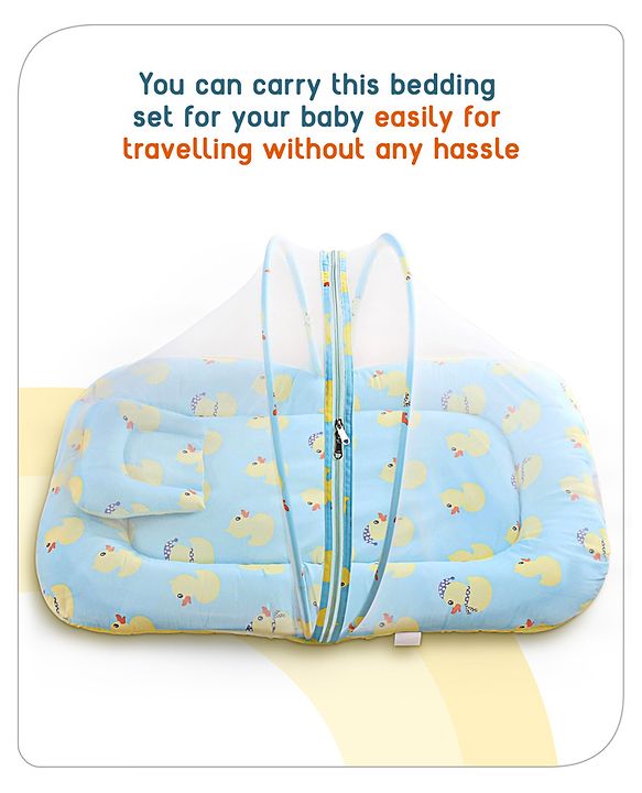 Babyhug Cotton Bedding Set with Mosquito Net Duck Print- Blue