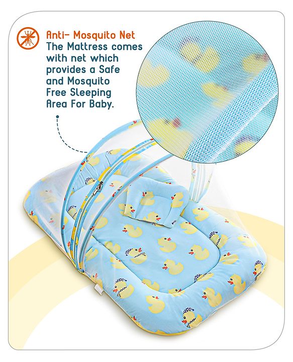 Babyhug Cotton Bedding Set with Mosquito Net Duck Print- Blue