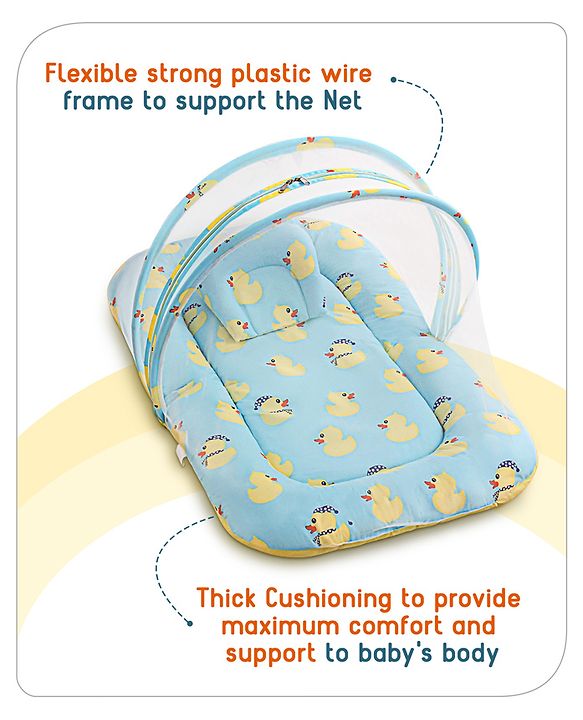 Babyhug Cotton Bedding Set with Mosquito Net Duck Print- Blue