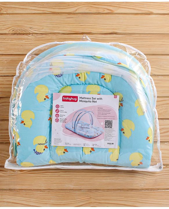 Babyhug Cotton Bedding Set with Mosquito Net Duck Print- Blue