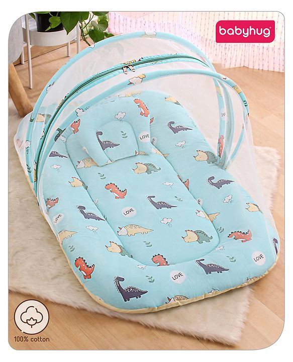 Babyhug Cotton Bedding Set with Mosquito Net Duck Print- Blue