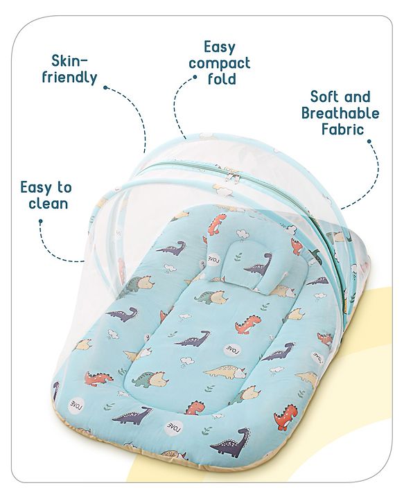 Babyhug Cotton Bedding Set with Mosquito Net Duck Print- Blue
