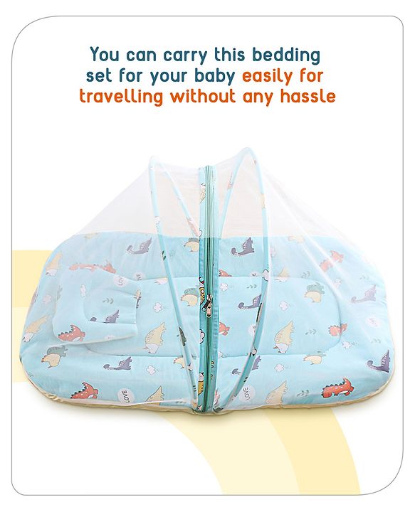 Babyhug Cotton Bedding Set with Mosquito Net Duck Print- Blue