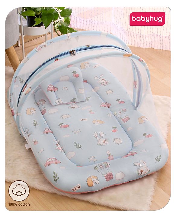 Babyhug Cotton Bedding Set with Mosquito Net Duck Print- Blue
