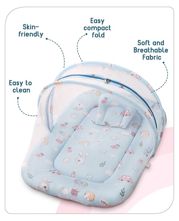 Babyhug Cotton Bedding Set with Mosquito Net Duck Print- Blue