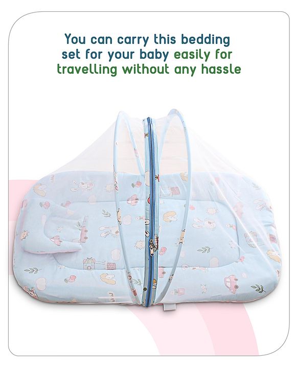 Babyhug Cotton Bedding Set with Mosquito Net Duck Print- Blue