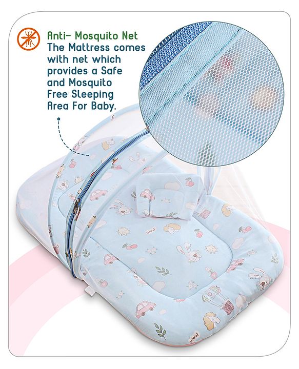 Babyhug Cotton Bedding Set with Mosquito Net Duck Print- Blue